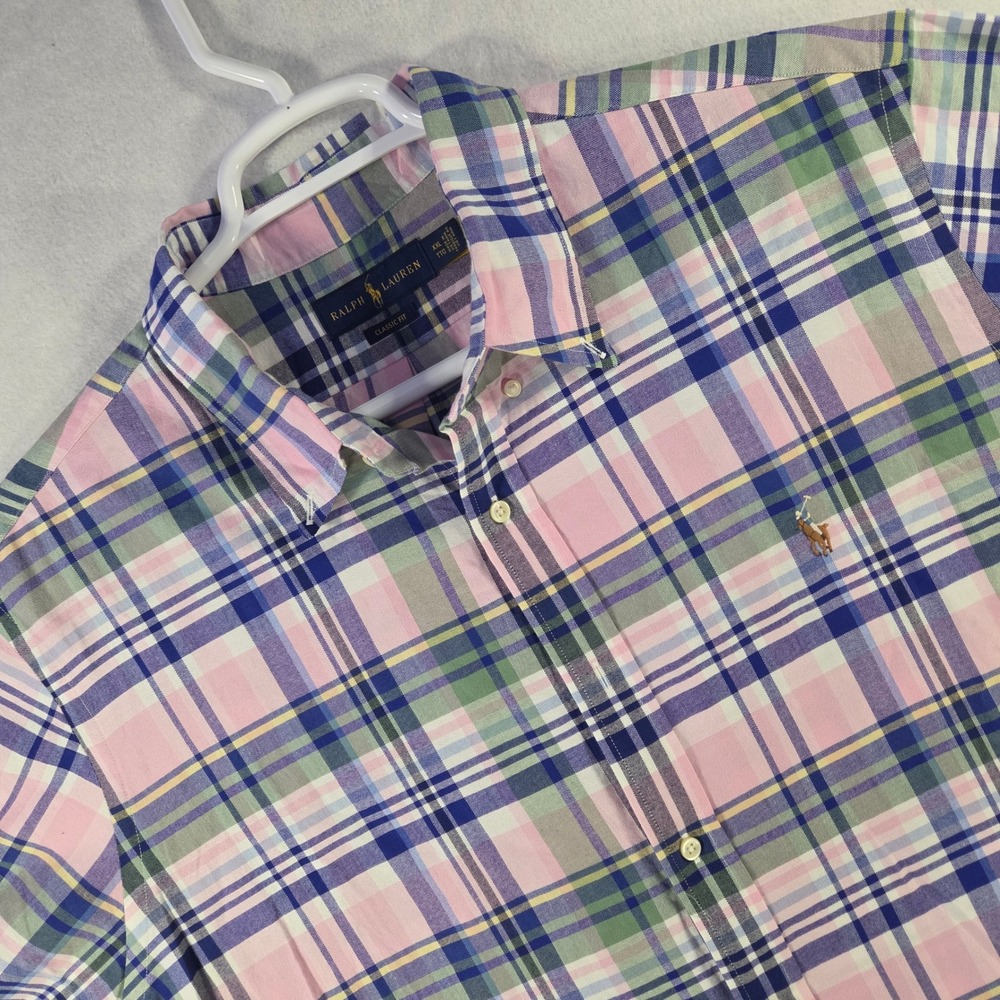 Ralph Lauren Mens XXL Classic Fit Short Sleeve Oxford Plaid Button Down Shirt